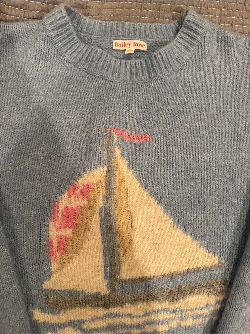 Bailey Rose Women's Light Blue Sailboat Knit Sweater